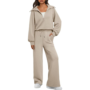 Sweatshirts with Wide Leg Sweatpants Quarter Zip Fleece Women Sweat Suits Loungewear Sets 2 Piece Wholesale Tracksuits - Product Image 1