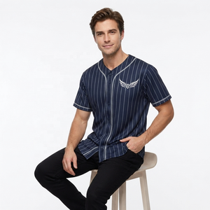 Maillot de baseball rayé personnalisé unisexe à manches courtes, boutonné sur le devant, respirant, en polyester, chemise uniforme pour adulte avec logo brodé - Product Image 3