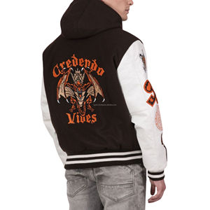 Veste universitaire unisexe en laine avec manches en cuir, fermeture éclair sur le devant, patchwork, style bomber de baseball, doublure matelassée, pour équipe - Product Image 2