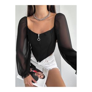 Blusa Crop da donna a manica lunga con cerniera a maniche lunghe in Chiffon bianco