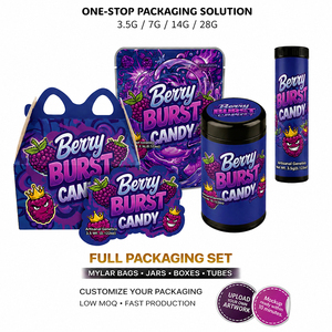 Custom Mylar Stand up Bag Packaging Set 3.5g 7g 14g with <b>Jar</b> Box Resealable Moisture & Smell Proof Holographic Die Cut Full Set - Product Image 1