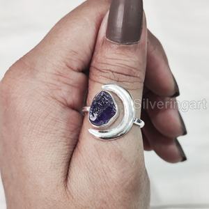 Rough Stone Jewelry Womens <b>Ring</b> Natural Amethyst Gemstone February Birthstone Crescent Moon <b>Adjustable</b> 925 <b>Sterling</b> <b>Silver</b> <b>Ring</b> - Product Image 2