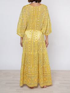 Robe longue jaune à col en V, coupe ample, en mousseline de soie, style bohème, motif géométrique brodé à la main, manches trois quarts bouffantes, décontractée pour l'automne - Product Image 4