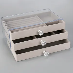 Luxe Plastic Acryl Oorbel Ringen Kettingen Armbanden Vitrine Case 3 Laden Fluwelen Sieraden Organizer Box