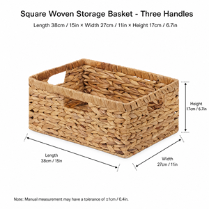 Panier de <span class=keywords><strong>rangement</strong></span> carré en jacinthe d'eau naturelle tressé à la main avec trois poignées, style rustique, pour la décoration intérieure, vente en gros, OEM - Product Image 6