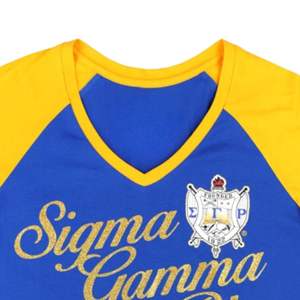 Sigma Gamma Rho SGRho Camiseta con cuello en V Royal Blue Gold 100 Cotton Printed Script Bordado Crest Sorority Greek Life Shirt - Product Image 4