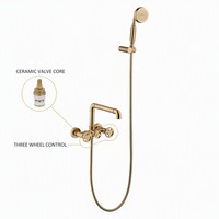 Ensemble de robinetterie de baignoire murale vintage en or brossé, tout en cuivre, avec cartouche céramique et douchette à trois fonctions