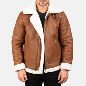 Chaqueta Bomber Reversible de Piel de Oveja Marrón, Talla XS, con Cierre y Cuello Alto - Product Image 1