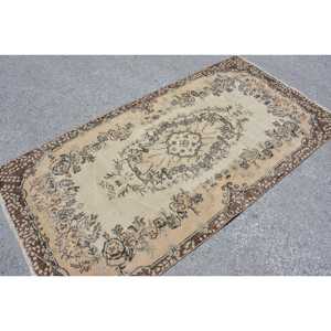 Turkish Vintage Rug, 3.6x7.2 ft Rug, <b>Brown</b> Beige Polka dot <b>Wool</b> Rug - Product Image 4