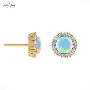 Ethiopian <b>Opal</b> <b>Studs</b> <b>Earring</b> Surrounded White Diamond <b>Earrings</b> 14K Solid Gold 4mm Round Gemstone <b>Stud</b> <b>Earring</b> at Wholesale Price - Product Image 1