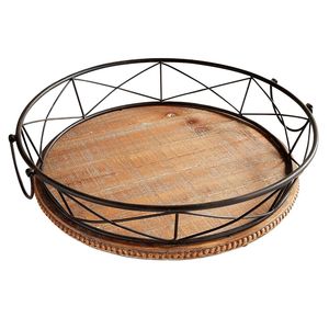 Plateau de service rond en bois rustique et métal pour la décoration du comptoir de cuisine de style campagnard avec une finition vintage élégante - Product Image 1