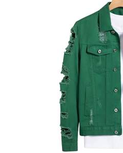 Veste en jean déchirée pour homme, style camionneur, streetwear décontracté, boutonnée, couleur verte - Product Image 2