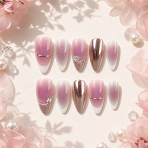 <span class=keywords><strong>Uñas</strong></span> Postizas Hechas a Mano, Medianas, Almendradas, <span class=keywords><strong>Color</strong></span> <span class=keywords><strong>Lila</strong></span> <span class=keywords><strong>Rosa</strong></span> Degradado, Punta Francesa Blanca, Corazón Dorado <span class=keywords><strong>Rosa</strong></span>, para Mujer, 10 Piezas - Product Image 1