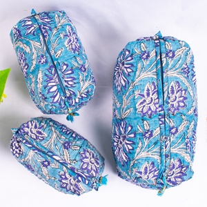 Estuche de viaje compacto acolchado de algodón con estampado de bloques hecho a mano indio, conjunto de bolsa de maquillaje de moda para mujer pequeña, PC al por mayor con cremallera - Product Image 3