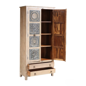 Modern Solid Teak Wood Handcarved Two Tone Storage Cabinet Armoire Wardrobe <b>Shelves</b> Two <b>Drawers</b> Bedroom Apartment Hotel - Product Image 6