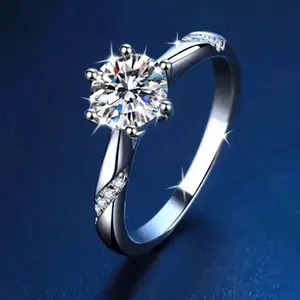 Anillo de Compromiso Solitario con Moissanita de Corte Redondo, Plata 925, Estilo Vintage, Engaste de Puntas, para Regalo de Aniversario de Bodas - Product Image 1