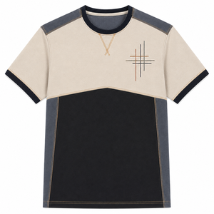 T-shirt décontracté pour homme, gris et noir, avec blocs de couleur et broderie géométrique sur les panneaux latéraux, personnalisable, vente en gros - Product Image 4