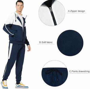 Ensemble de survêtement athlétique décontracté 2 pièces pour homme, personnalisé OEM, léger, en coton/polyester/spandex, avec sweat à capuche et pantalon de survêtement color block - Product Image 4