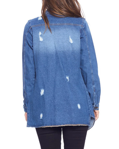 "Veste en jean longue pour femme | Manteau en jean déchiré à la mode avec poches Vêtements d'extérieur décontractés en denim surdimensionnés Veste en jean boutonnée élégante" - Product Image 2