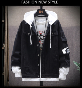 Chaqueta Vaquera para Hombre, Estilo Casual, Ajustada, con Estampado de Letras, Recubierta, Talla Grande 2XL, con Capucha y Logotipo Frontal - Product Image 3