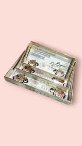 Ensemble de plateaux en bois de luxe avec impression en émail Art déco Plateaux à motifs de plantes imbriquées Décoration intérieure écologique Salle à manger Service polyvalent - Product Image 3