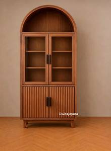 Modern Arched Solid Teak Wood Display Cabinet Glass Door Bookshelf Fluted Storage <b>Sideboard</b> - Product Image 3