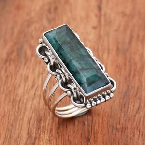 Anillo Baguette Esmeralda 925 Plata de Ley Triple Banda Anillo largo de filigrana Anillo DE BODA DE DECLARACIÓN bohemio para mujer - Product Image 3