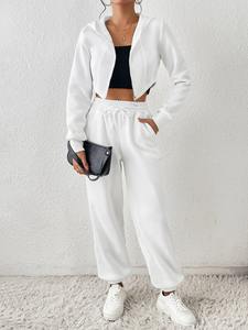 Survêtement en molleton 100% coton brodé, couleur unie, 2 pièces, sur mesure pour femmes, best-seller, design décontracté de haute qualité pour - Product Image 5