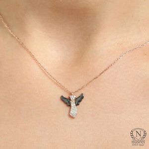 925 Sterling Silver Angel Necklace <b>Wings</b> Rhodium Gold Plated Featuring Pink <b>Black</b> White Diamonds Number for Gift Main Brass - Product Image 3