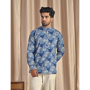 Kurta court en coton popeline bleu imprimé pour homme, chemise décontractée à manches longues, respirante et confortable - Product Image 1