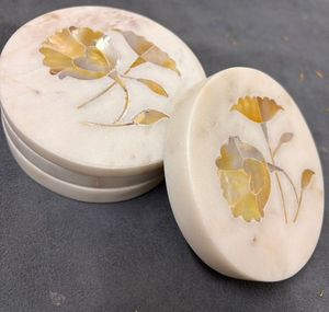 New Arrival Floral Design Marble Coasters with MOP Inlay Handcrafted Drink Coasters Set Luxury <b>Table</b> Decor - Product Image 3