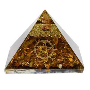 Pyramide d'orgone en oeil de tigre faite à la main avec bobine de cuivre et générateur d'énergie de symbole de géométrie sacrée pour la guérison et la méditation - Product Image 1