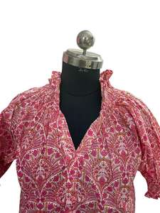 เสื้อเบลาส์100% พิมพ์ลายดอกไม้สีชมพูเสื้อท่อนบนเนื้อนุ่มแบบอินเดียดั้งเดิม - Product Image 2