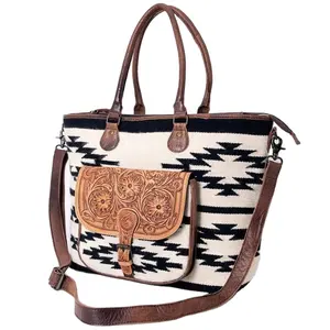 Saddle Blanket Top Quality Tooled Leather Tote Bag Handbag With Pocket Design Top Indian Manufacturer & Supplier
