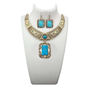 Urthn collar llamativo 1110061A piedra turquesa azul con chapado en oro antiguo conjunto de joyería de moda - Product Image 1