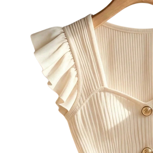 Chemisier plissé vintage 100 % coton pour femme, avec volants aux épaules, col carré, boutonnage frontal, coupe ajustée, idéal pour le quotidien - Product Image 3