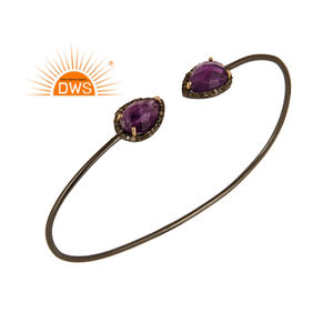 Último diseño hecho a mano 18K chapado en oro pavimentado natural diamante y amatista piedras preciosas brazalete personalizado joyería fabricante - Product Image 2