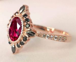 Anillo antiguo de rubí y espinela negra, 6*8mm, forma ovalada, rubí cultivado en laboratorio, anillo de compromiso de oro sólido de 10K, anillo de piedras preciosas Art Deco hecho a mano - Product Image 5