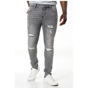 Jean en denim pour homme original, en Spandex/Coton, déchiré, délavé, coupe skinny légère, style streetwear, couleur unie - Product Image 1