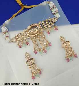 Top qualité nouveau Design plaqué or perle Pachi Kundan collier ras du cou avec boucles d'oreilles ensembles de bijoux de mariée indiens traditionnels - Product Image 6