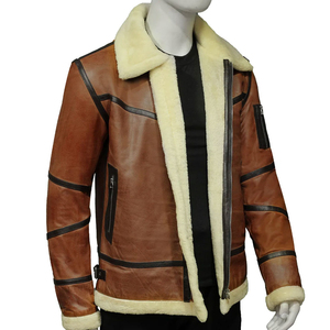 Blouson aviateur en cuir élégant 2026 avec bordure en tricot côtelé et poches avant, blouson aviateur en cuir de qualité supérieure pour hommes - Product Image 3