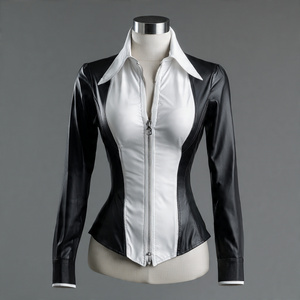 เสื้อหนังสำหรับนักขี่จักรยานสำหรับผู้หญิงเสื้อเชิ้ตหนังสำหรับนักขี่จักรยานมอเตอร์ไซด์เสื้อเชิ้ตสตรีหนังคอตั้งติดกระดุม - Product Image 4