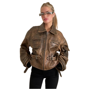 Veste en cuir marron pour femme, style bomber court délavé - Product Image 1