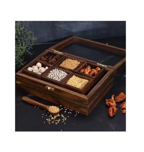 Boîte à épices et support Boîte Masala en bois pour la cuisine Masala Dabba Boîte de rangement pour pots à épices avec couvercle en métal et cuillère pour épices de cuisine - Product Image 3