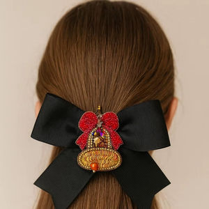Luxury Christmas Black <b>for</b> <b>Bow</b> <b>Hair</b> Clip with Handmade Beaded Embroidery Women & Girls Artisanal Embroidery Comfortable Grip - Product Image 1