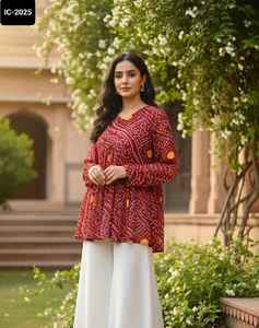Indian Daily and Festival Wear Ready to Wear Short Fancy Pure Georgette <b>Kurtis</b> with Bandhani Print with Plus Size Available - Product Image 4
