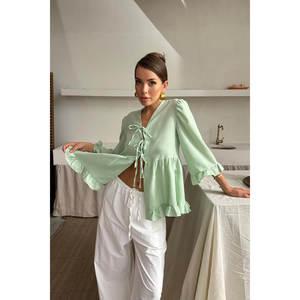 Chemise en lin pour femme avec nœud devant et détail volanté, couleur verte - Product Image 6