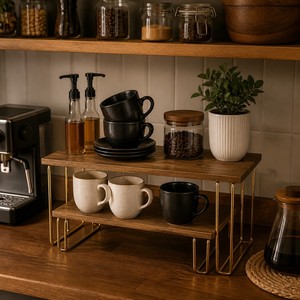 Organizzatore Espandibile <span class=keywords><strong>per</strong></span> Armadietti da <span class=keywords><strong>Cucina</strong></span>, Set da 2, con Piano in Legno Carbonizzato, Scaffale Impilabile <span class=keywords><strong>per</strong></span> Spezie con Gambe in Metallo Dorato - Product Image 3