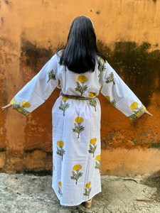 Robe Kaftan en coton pour femmes, faite à la main, avec boutons en dentelle, décoration, motifs floraux imprimés, décontracté, quotidien vintage - Product Image 4