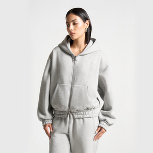 Sudadera con cremallera de diamantes de imitación en blanco de lana pesada de primera calidad, sudaderas con capucha de gran tamaño de algodón grueso de alta calidad para mujer - Product Image 3
